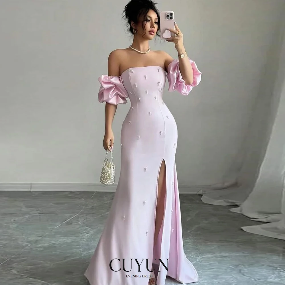 

CUYUN Elegant High Slit Pink Evening Dresses Beading Women Party Dresses Customized Puff Sleeves Formal Occasion Gown