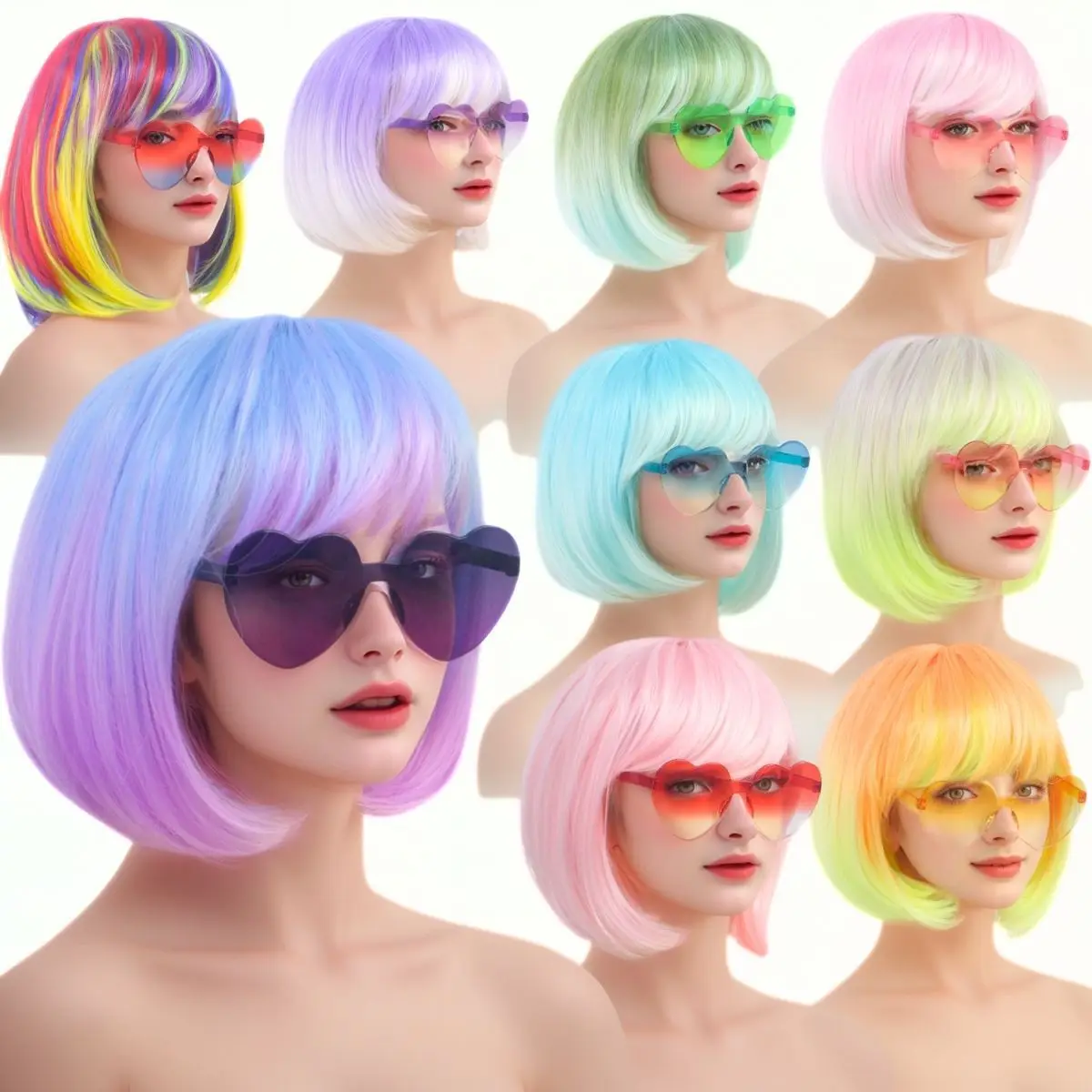 Synthetic Colorful Bob Wig Short Cosplay Hairpiece with Side Bangs for Party Student Costume Daily Wear Shine Style