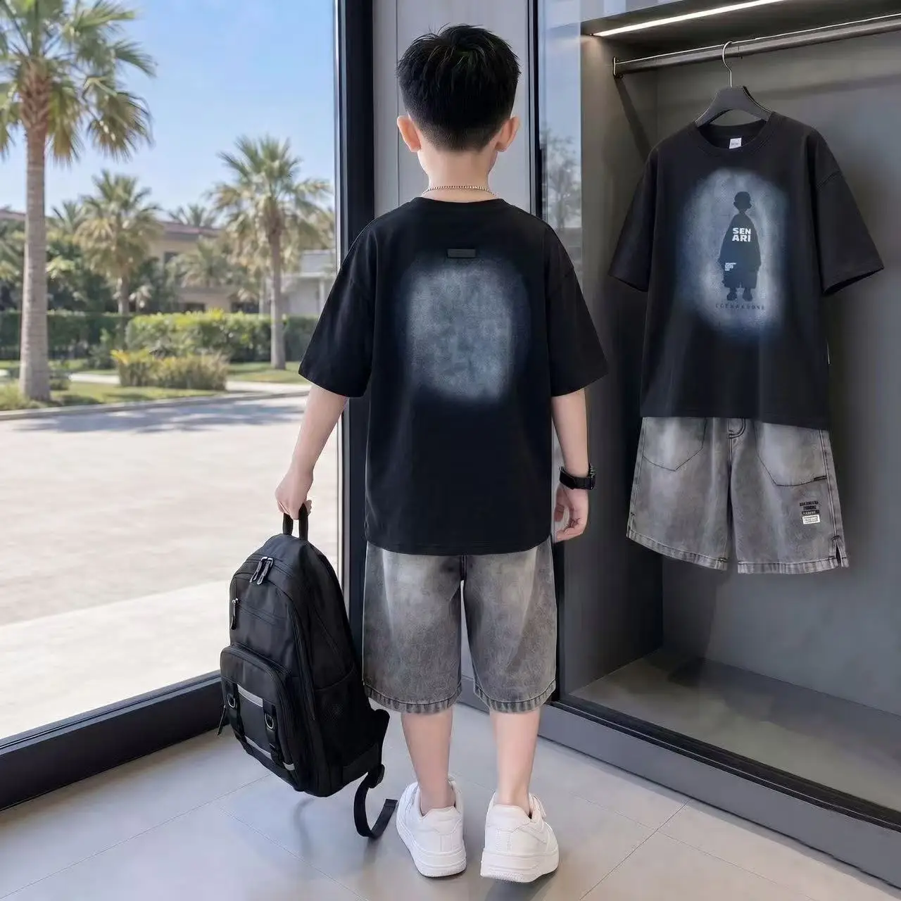 Boys Summer Set 2026 New Teens Thin Hand Drawn Cartoon Cool Short Sleeve T-Shirt+Fashion Jeans 2PCS Kids Sport Boutique Clothes