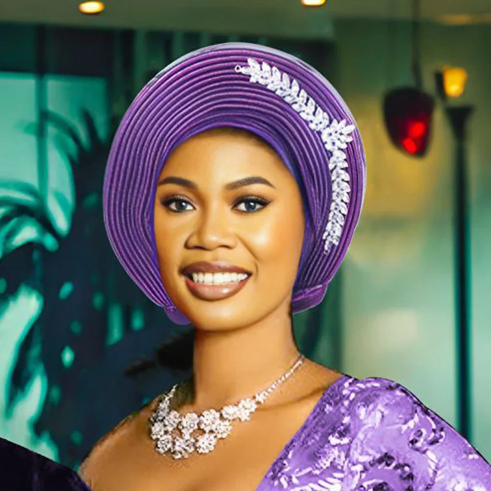 الزفاف متعدد الطبقات قبعة عمامة أشرطة رأس الأفريقية مطوي أغطية الرأس كريستال نيجيريا ربطة الرأس السيارات Gele بونيه مسلم الحجاب بالفعل #5