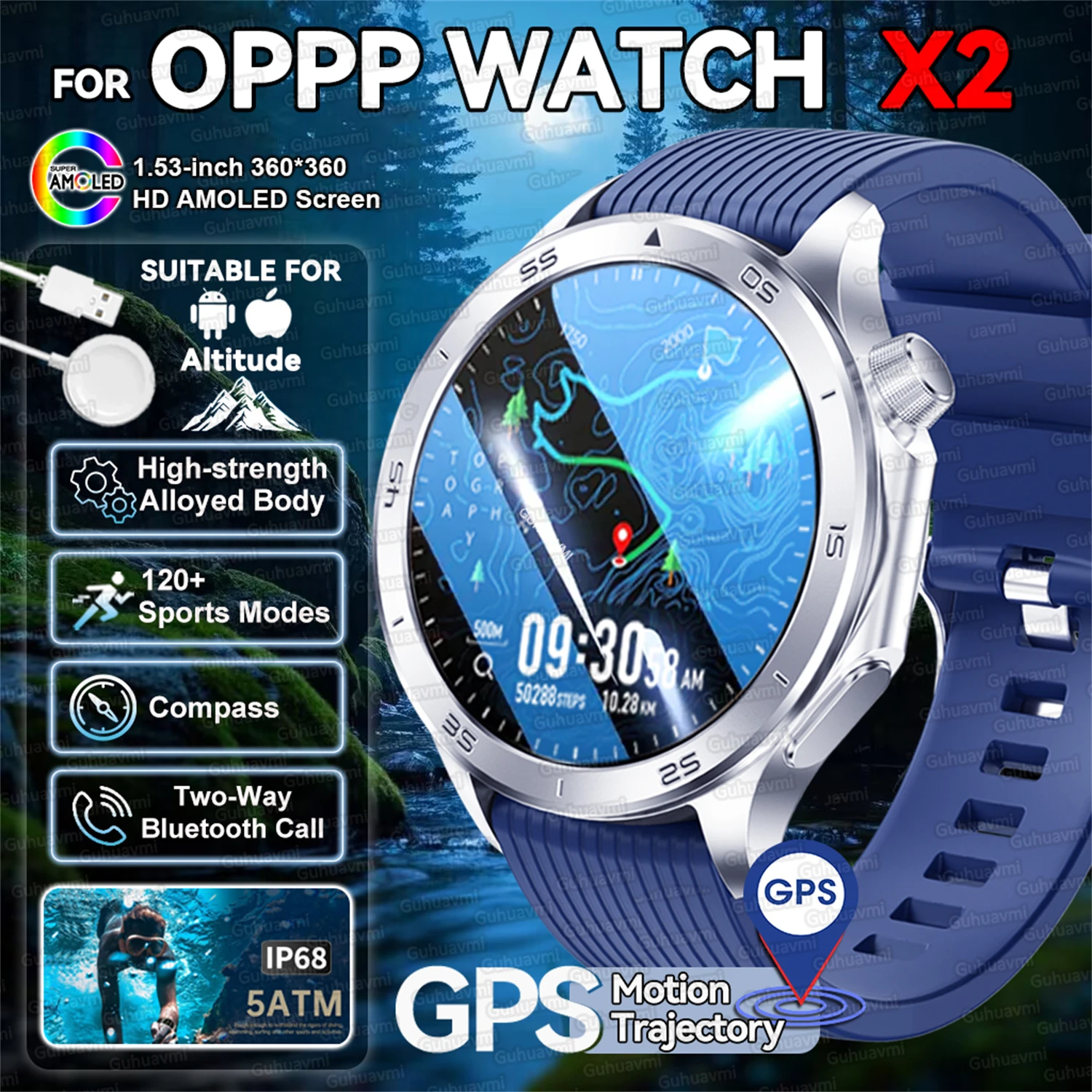 Para oppo relógio x2 relógio inteligente masculino gps pista bússola altímetro 360*360 hd tela amoled bluetooth chamada ip68 à prova dip68 água smartwatch