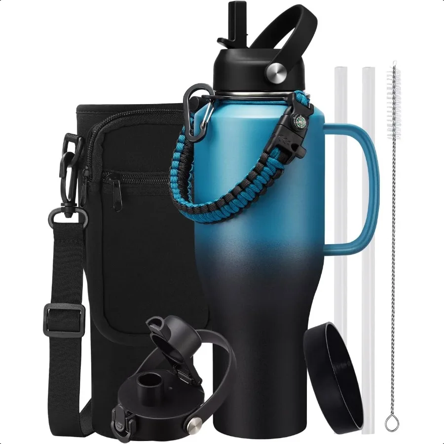 

40 oz Insulated Water Bottle with Handle Straw Cold 48h Hot 24h Stainl Steel Fits in Cup Holder For Car Travel Work Keeps Cold