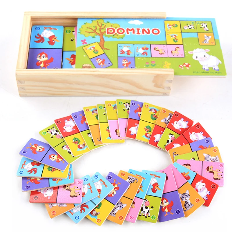 Montessori Kayu Domino Blok Bangunan Set Mainan Pendidikan Awal Anak-anak Kognitif Hewan Solitaire Domino Teka-teki Mainan Anak-anak