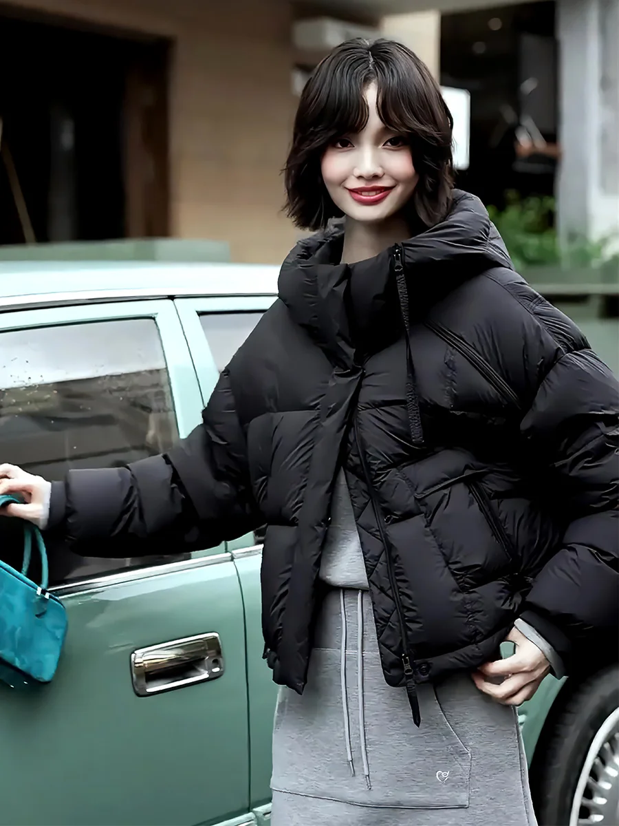 Damen Daunenjacke in Weiß, Winter-Warme Einfarbige Kapuzenjacke, Trendige Lässige Oversize-Jacke mit Reißverschluss