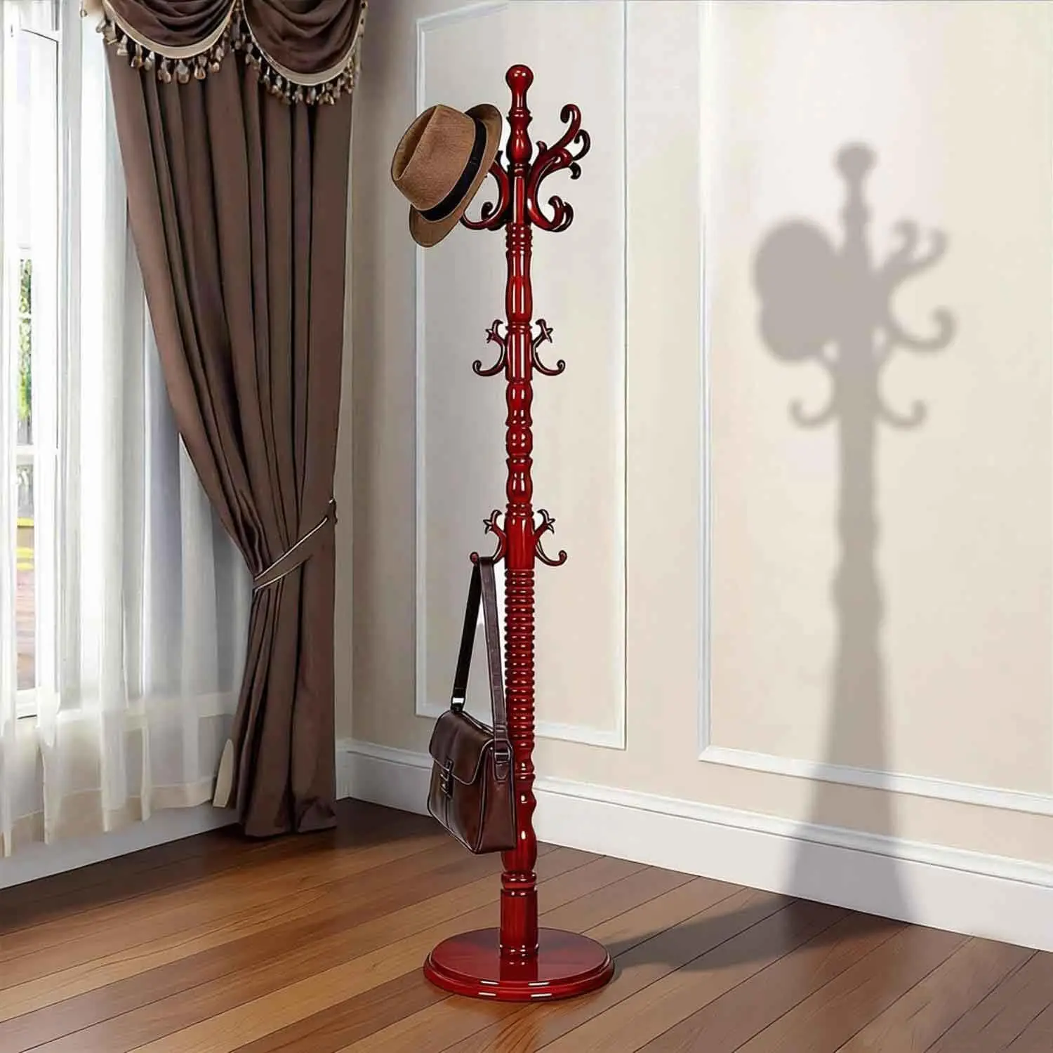 Freestanding Wooden Coat Rack Stand with Sturdy Round Base and 18 Hooks for Entryway, Hallway, Bedroom