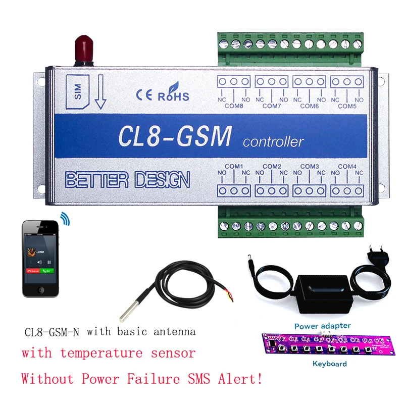 CL8-GSM-NC Беспроводная система оповещения SMS, мониторинг температуры, GSM-сигнализация + датчик с оповещением об отказе питания