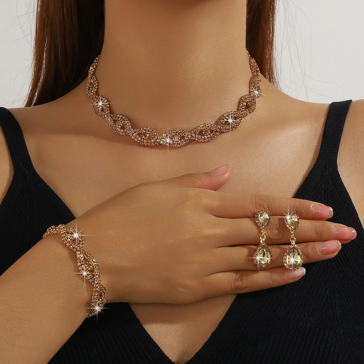 All-copper luxury imported rhinestone super beautiful necklace, earrings, bracelet set, bridal jewelry wholesale
