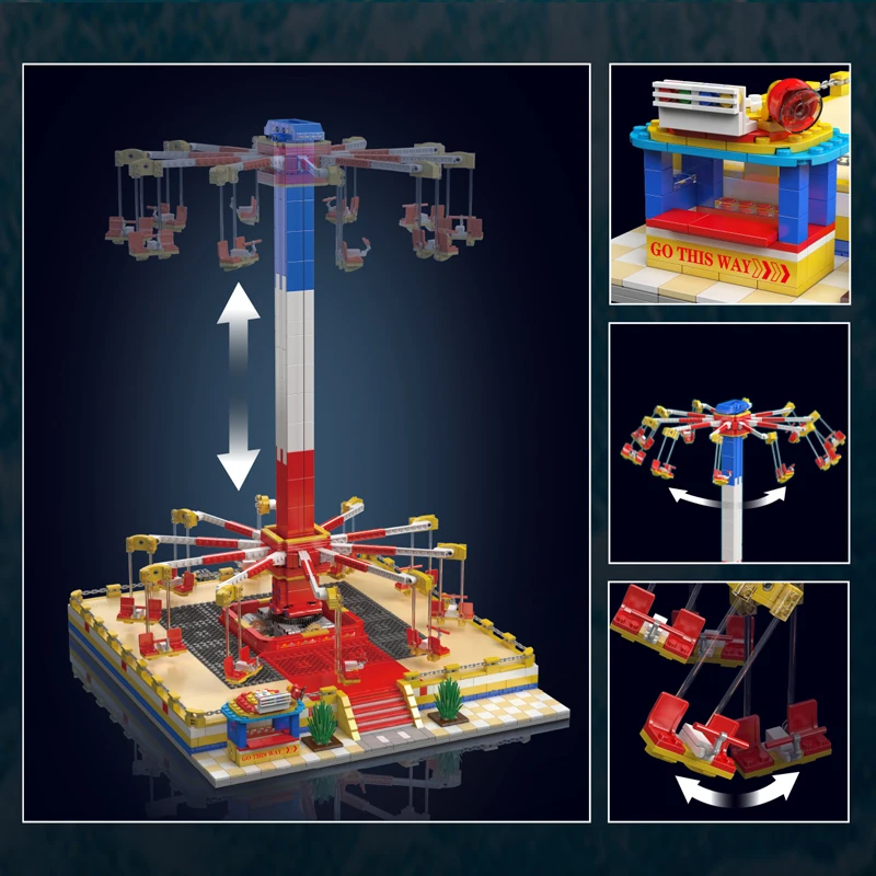 

Mold King 66424, парк развлечений, игрушки, моторизованные летающие качели, строительный блок, сборка, американские горки, набор кирпичей, подарок для детей