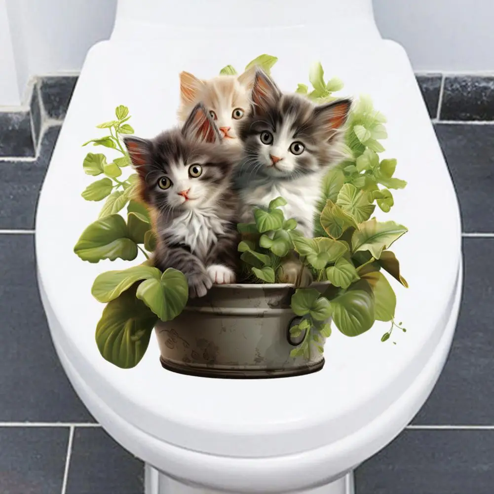 Decorative Toilet Sticker Easy to Apply Toilet Sticker Elegant Green Plant Cat Pattern Toilet Lid Sticker Charming Wall for Home