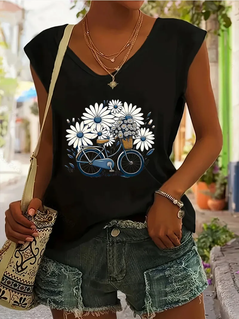 Retro Bicycle with Flower printed  Tank Top T-shirt V Neck Casual Fashion Vest Sleeveless T Shirts Women Tee Shirt V-Neck