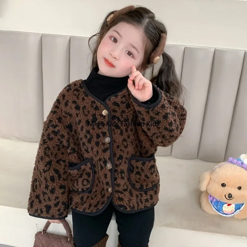

Пальто на флисовой подкладке для девочек, осенне-зимняя детская винтажная хлопковая куртка с леопардовым принтом, модный утепленный топ на флисовой подкладке для малышей