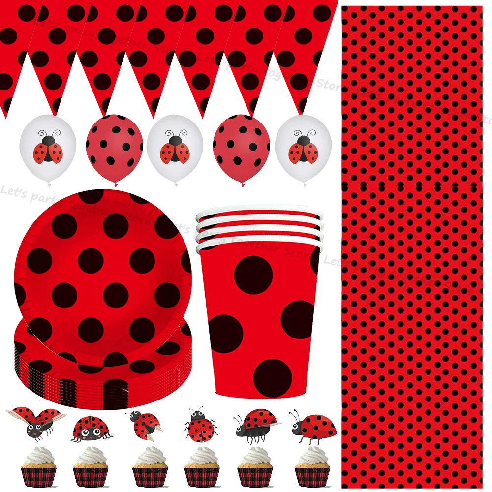 Ladybug Birthday Party Supplies Red Black Polka Dot Children Festival Party Decoration Cute Animal Cartoon Paper Cake Topper Cup