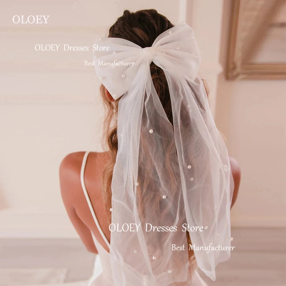 

OLOEY 2024 Elegant Bridal Wedding Headdress White Mesh Headpiece Imitation Pearl Bow Short Veil Back Head Decor Hair Accessories