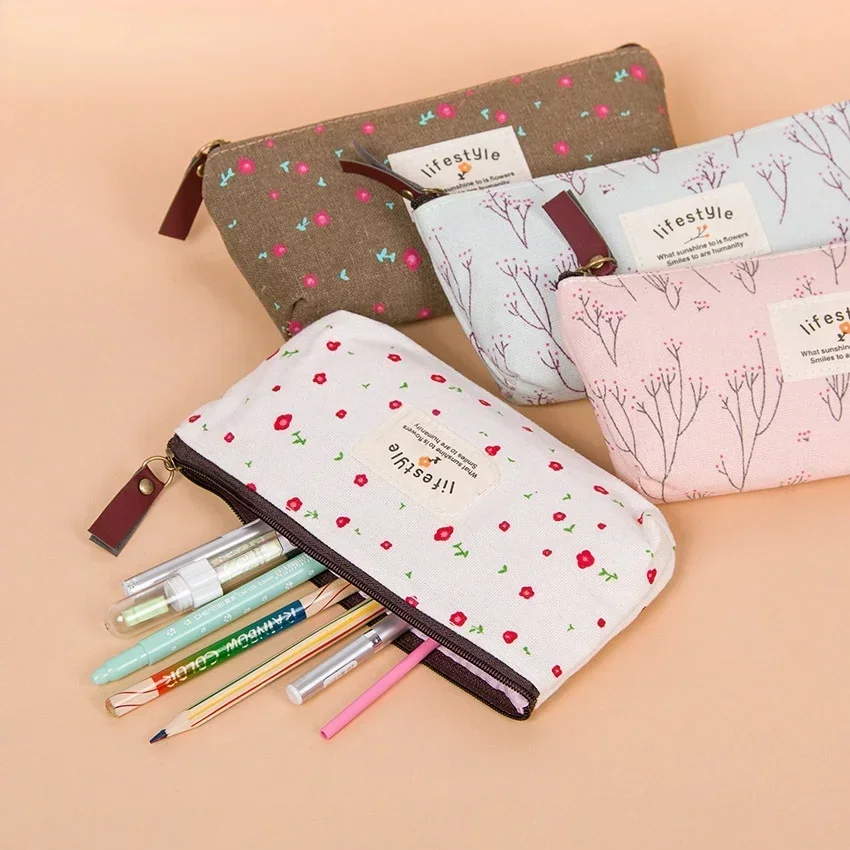 Cute Cosmetic Bag Floral Flower Canvas Zipper Pencil Cases Lovely Fabric Flower Tree Pen Bags School Supplies Free Shipping