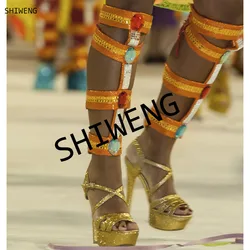 Gold Patent Platform Long Boots Women Crystal Cross Strap Sparkly Party Thin Heels Shoe Ladies Cutout Peep Toe Cool Dance Boots