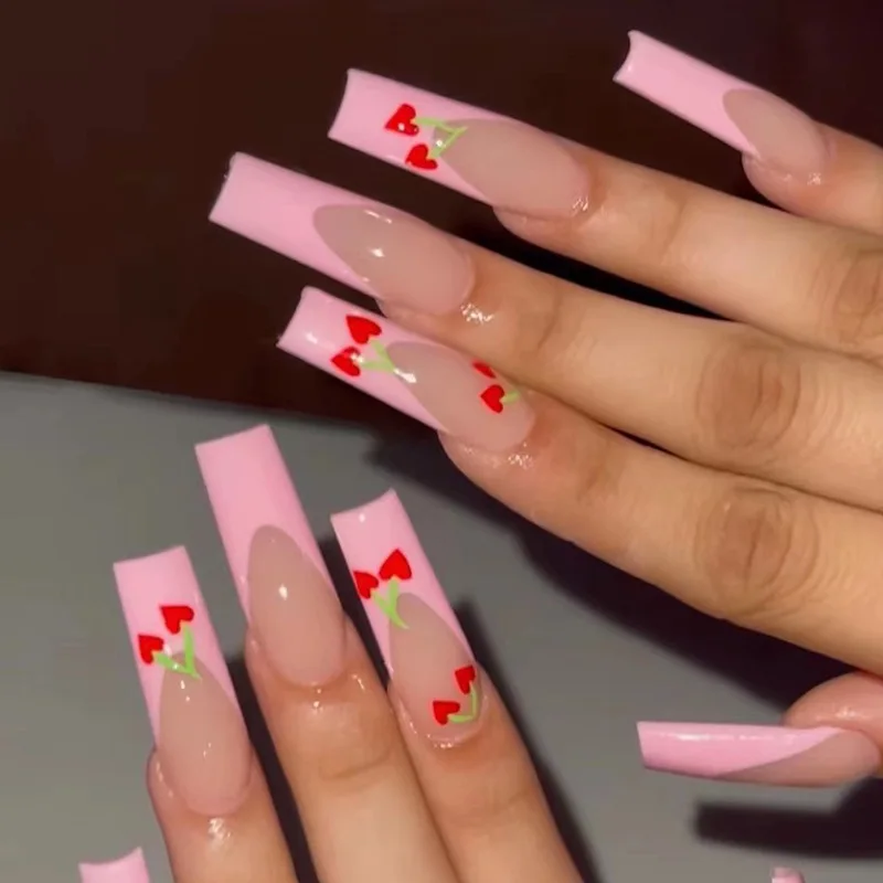 24Pcs Detachable Pink French Extra Long Coffin Fake Nails Full Cover Red Love Heart Cherry False Nails with Glue Press on Nails