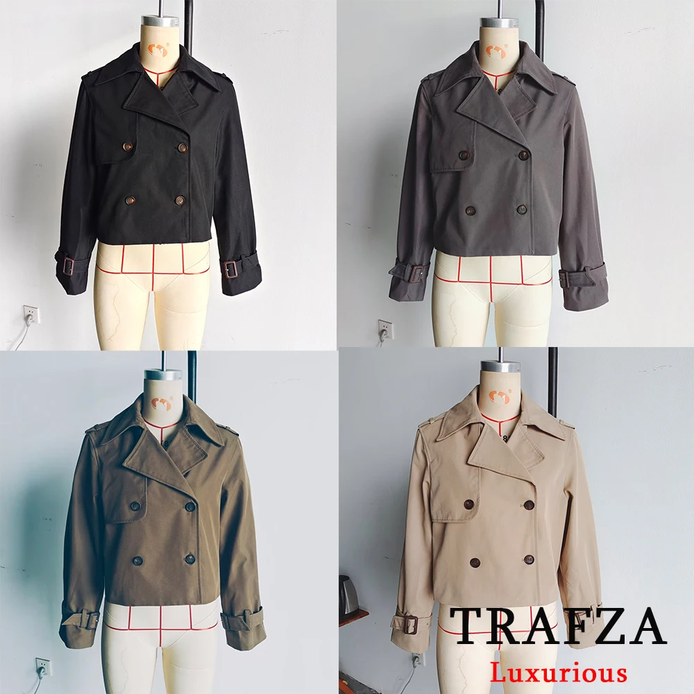 TRAFZA Vintage Casual Chic Women Jackets Solid Double Breasted Turn-down Collar Long Sleeve Short Coat Fashion 2024 Autumn Coat