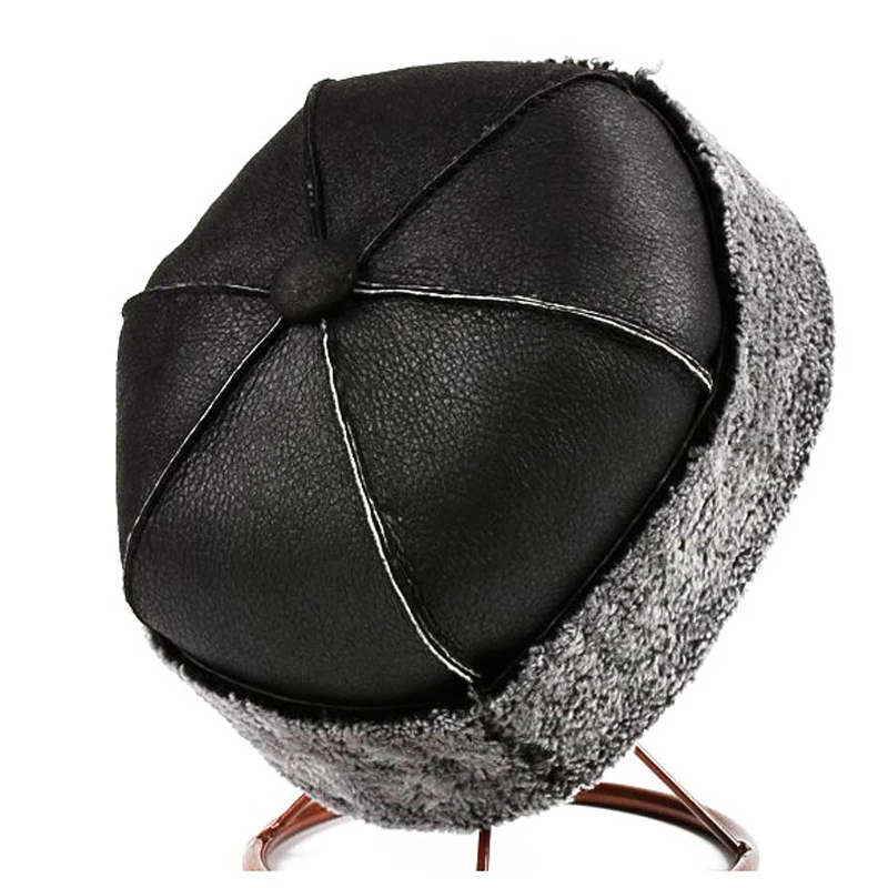 Winter Genuine Leather Hat Fur Integration Sheepskin Bomber Cap For Elderly  Velvet Thermal Watermelon Bonnet Landlord Hat