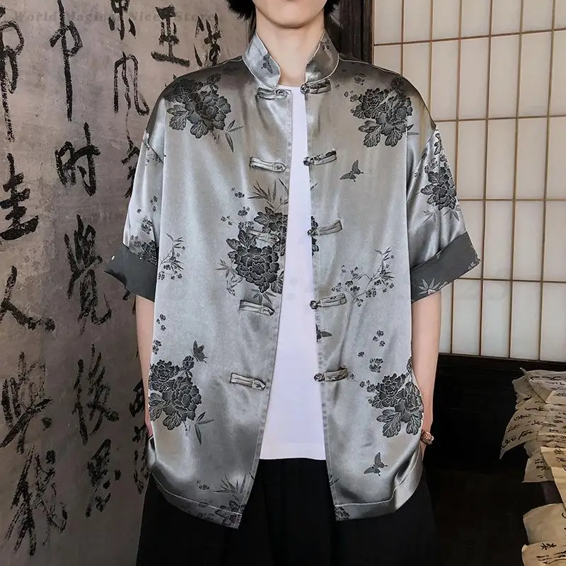 Large Size Men's Chinese Style Shirts Spring Summer Traditional Short Sleeve Tang Suit Top Uniform Shirt Blouses Jacket Clothing