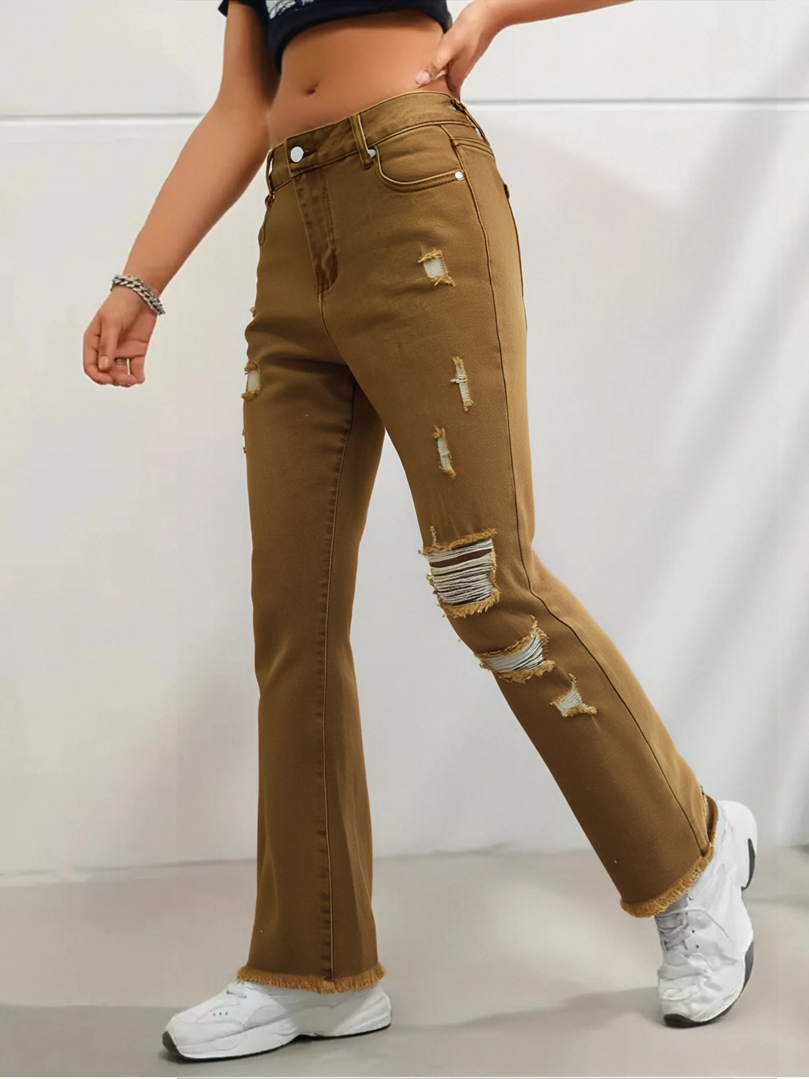 

Women's Caramel Ripped Flare Jeans - Distressed Denim for Trendy Outfits