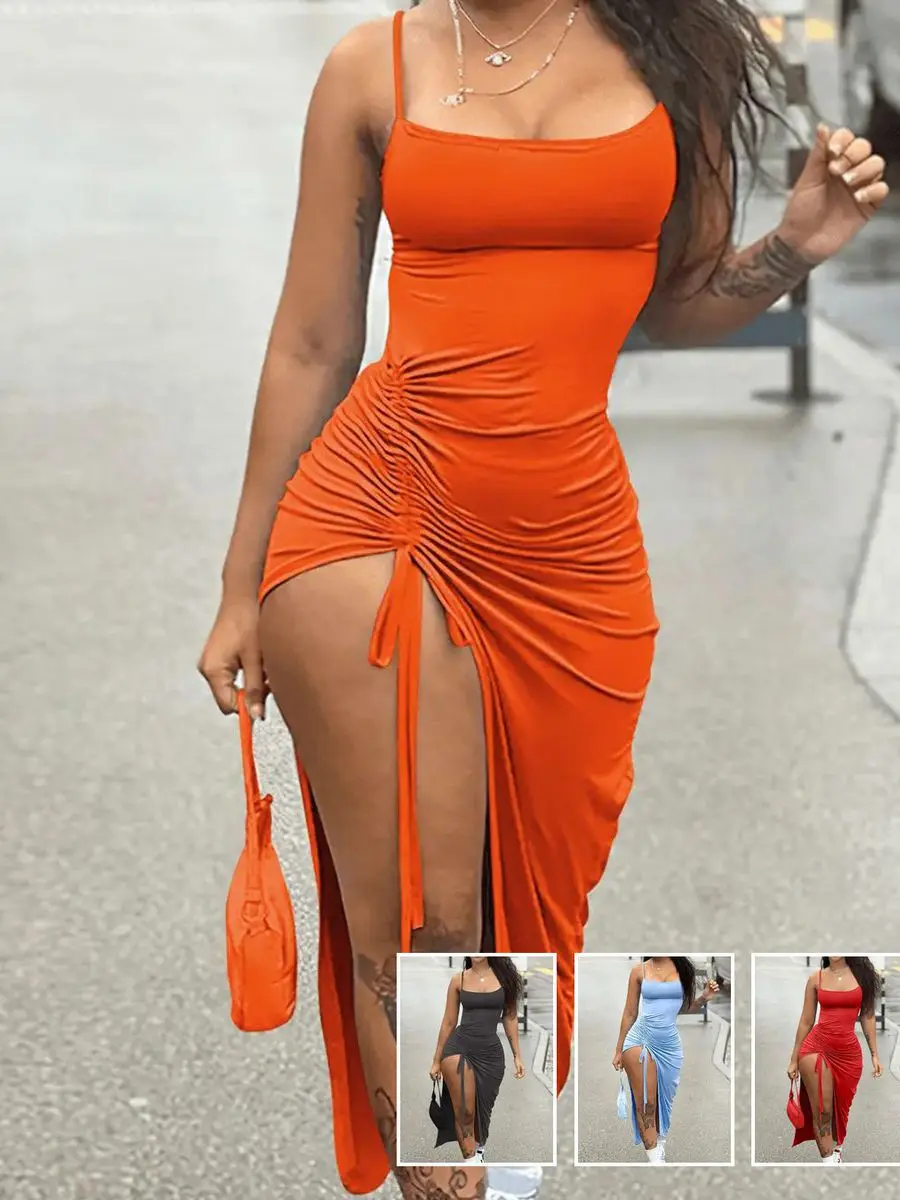 

LW Sexy Slim Ruched Drawstring Thigh Split Cami Bodycon Dress Backless Lace Up High Opening Shirred Plain Maxi Vestidos