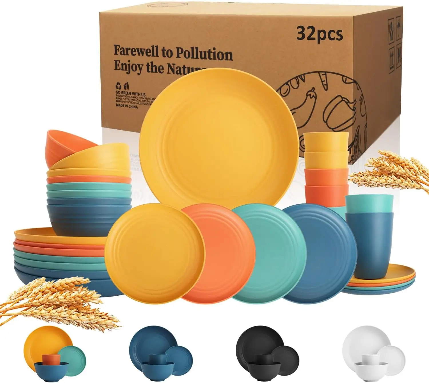 

Wheat Straw Dinnerware Set of 32, Unbreakable Dinner Plates and Bowls Dishes Sets Service for 8,Dishwasher Safe Dinnerware