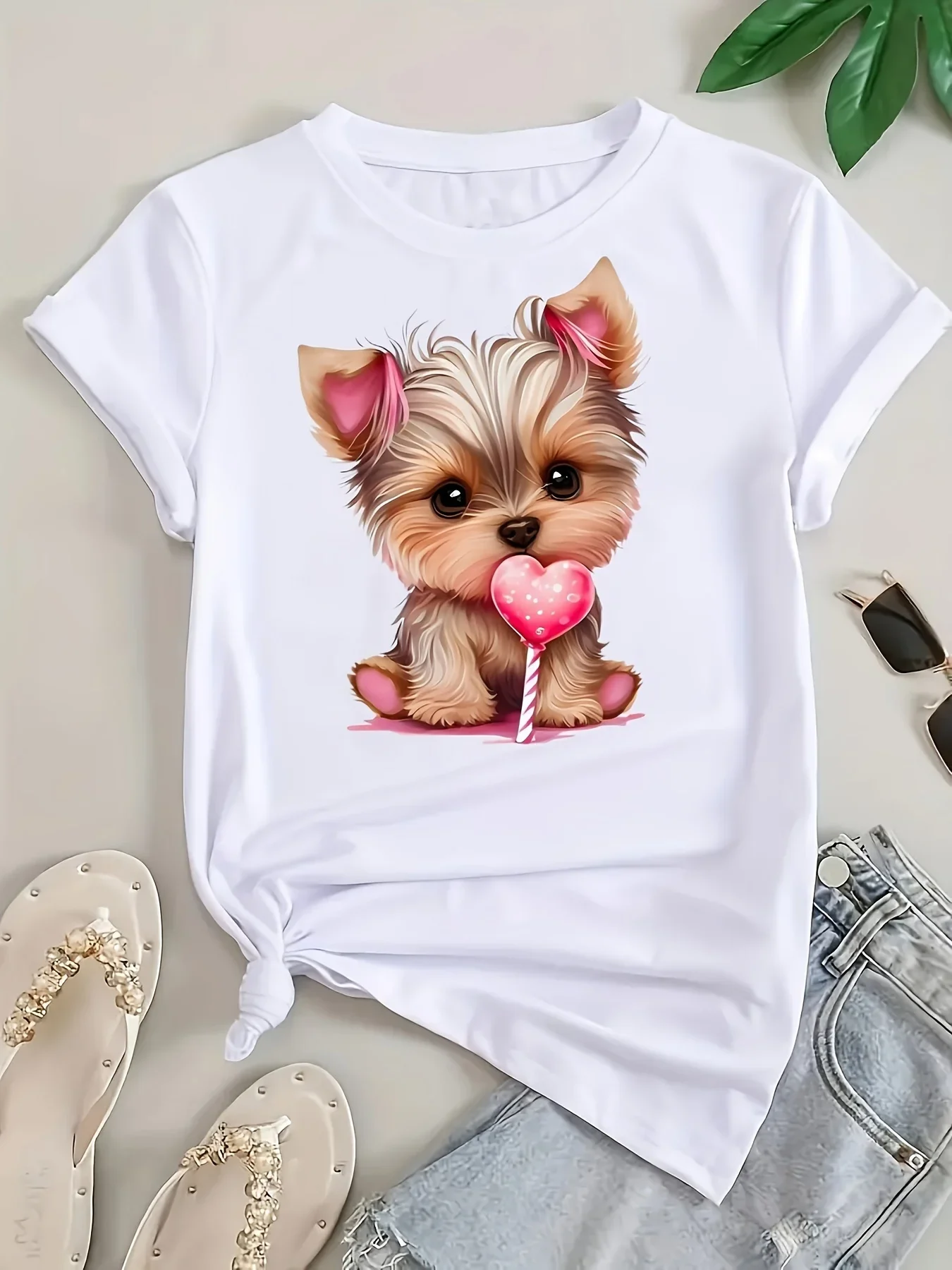 2024 Hot selling Puppy Print round neck T-shirt Spring/Summer casual short sleeved top Women\'s clothing