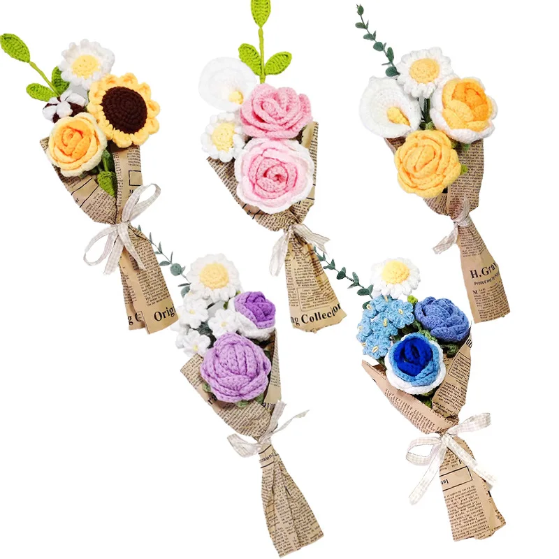 

Handmade Simulation Bouquet Crochet Sunflower Bouquet Simulation Rose Bouquet Knitted Yarn Flowers for Home Decoration DIY Birth