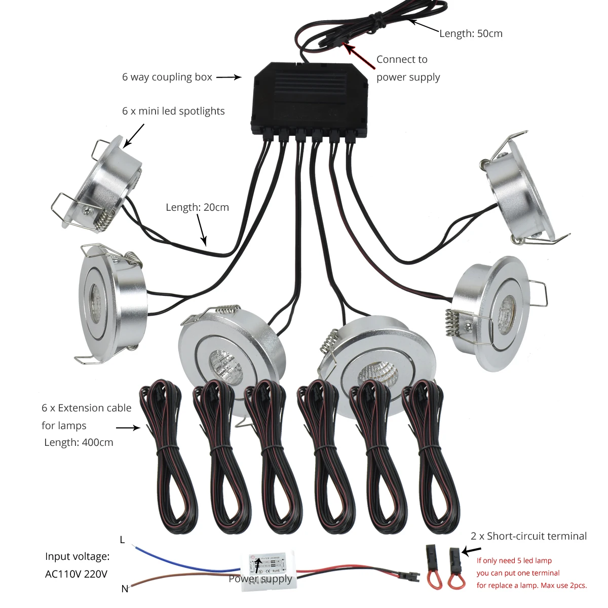 A Group of 18W (6*3W) Small Ceiling LED Spot Light Downlights Dimmable Remote Controller Opening 40mm 6pcs 4m Extension Wires