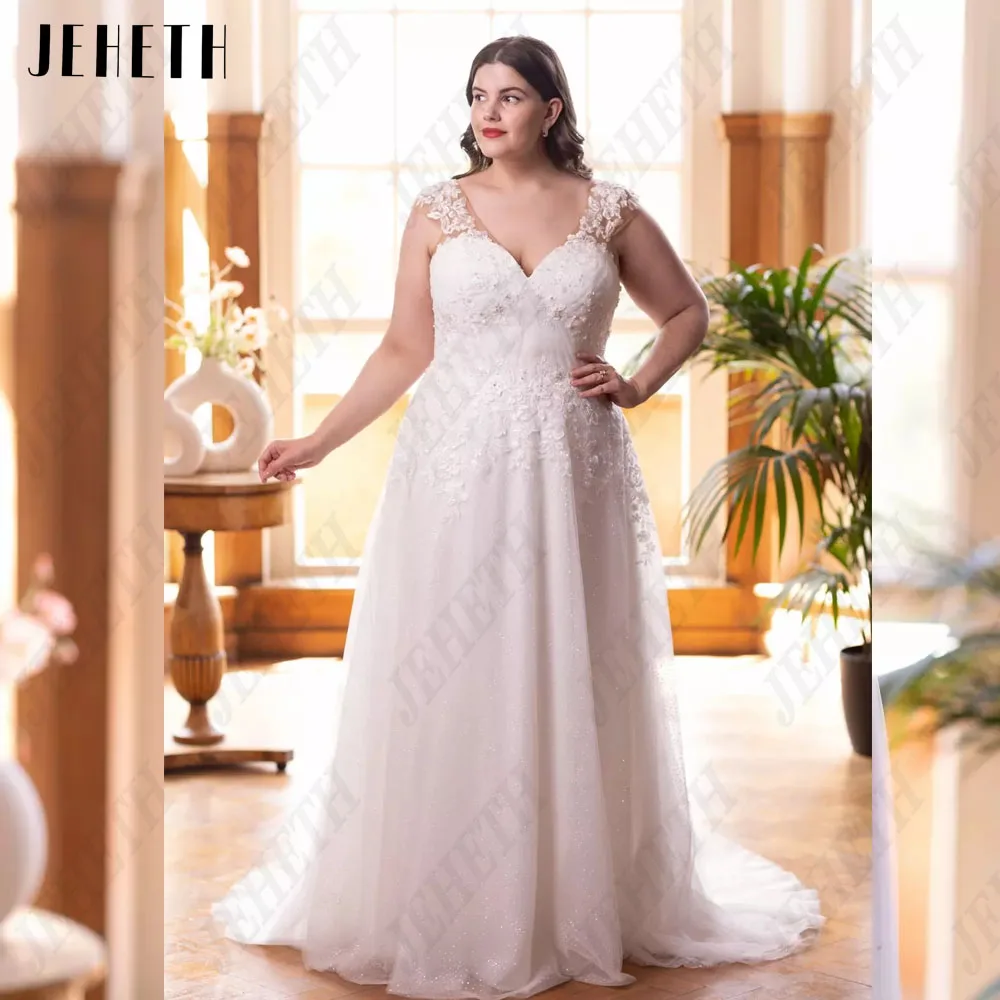 JEHETH Princess Cap Sleeves Wedding Dresses Plus Size For Woman Double V-Neck Bride Gowns A-Line Applique Robe De Mariee