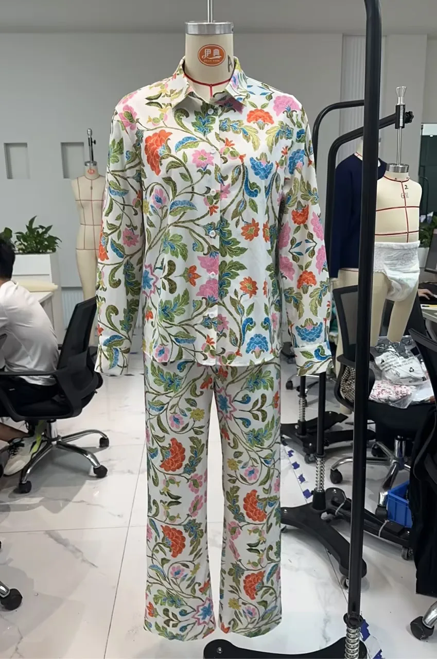 

Women's Floral Print Outfits Lapel Button-down Long Sleeve Shirt Elastic Waist Long Pants 2 Piece Casual Clothes Set