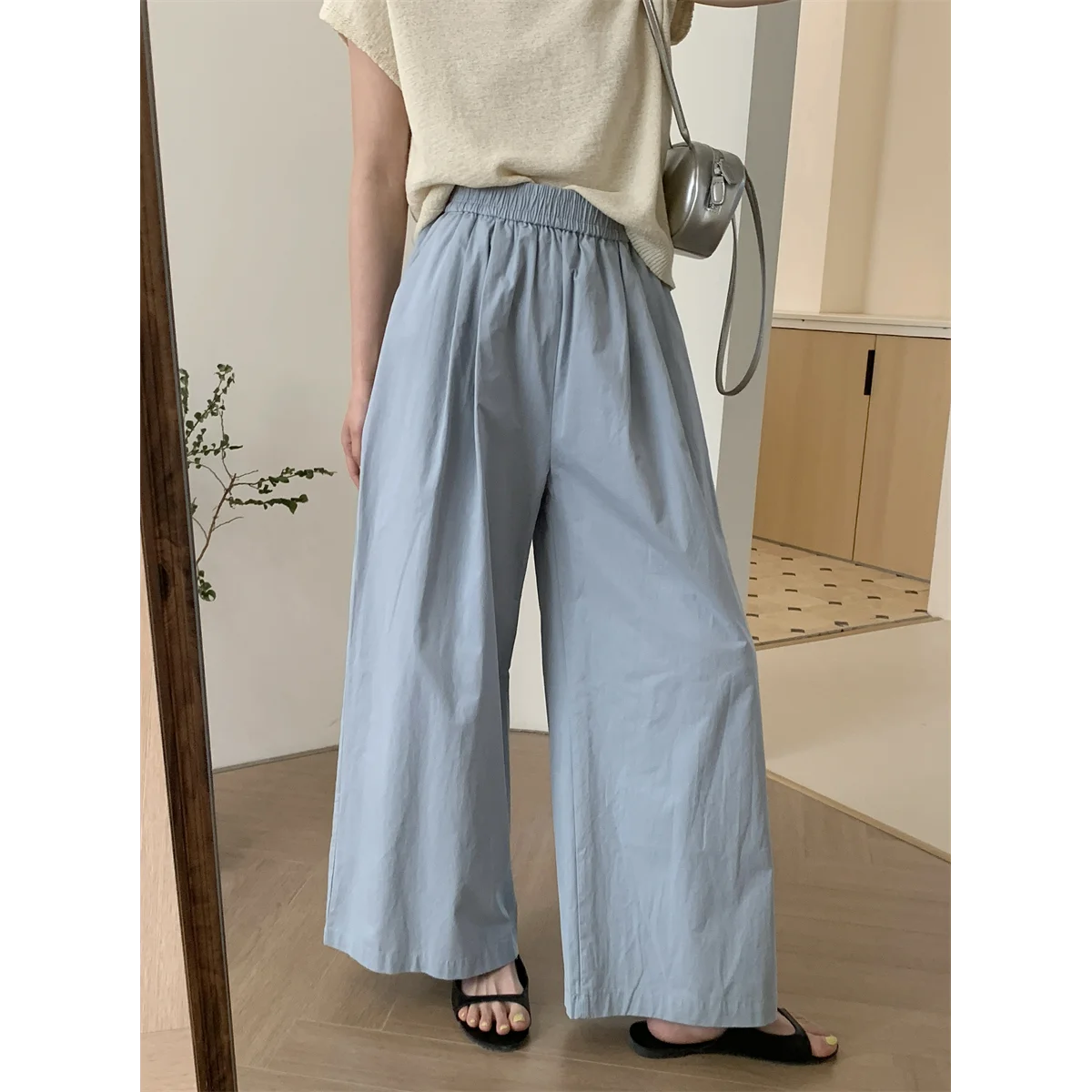 

2024 Summer New Korean Elastic Waist Straight Leg Wide Leg Pants for Women's Leisure Slimming High Waist Radish Pants