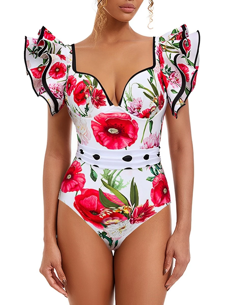 2024 Push Up Floral Frill Shoulder Swimsuit Women One Piece Swimwear Female Beachwear Bathers Bathing Swimming Swim Suit