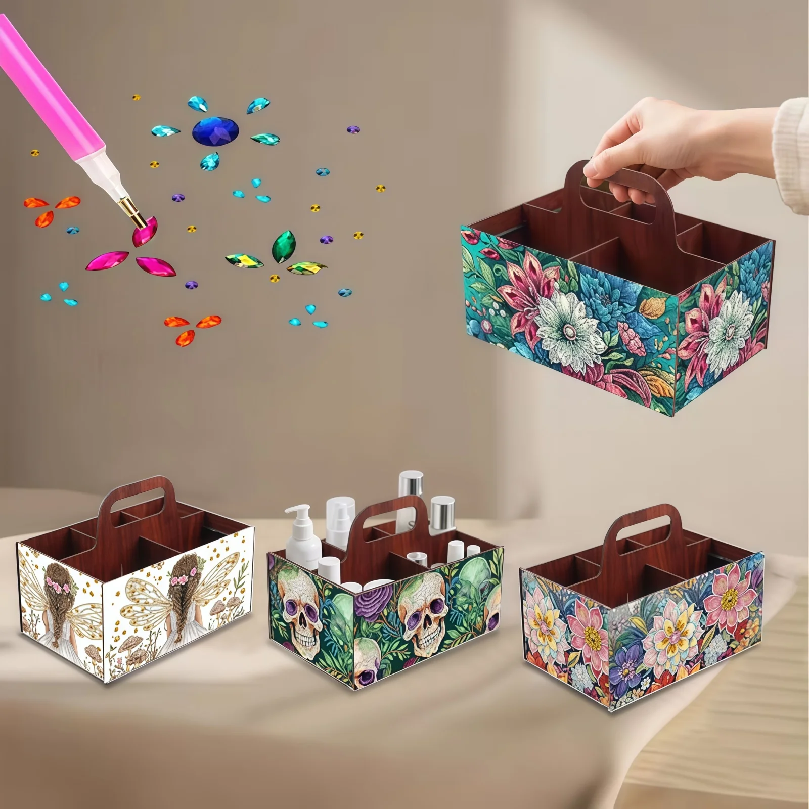 1 Stück DIY Blumen Diamant Kunst Aufbewahrungsbox für Erwachsene, Holz Diamant Malerei Desktop Aufbewahrungsbox für Snacks, Stifte, Brillen