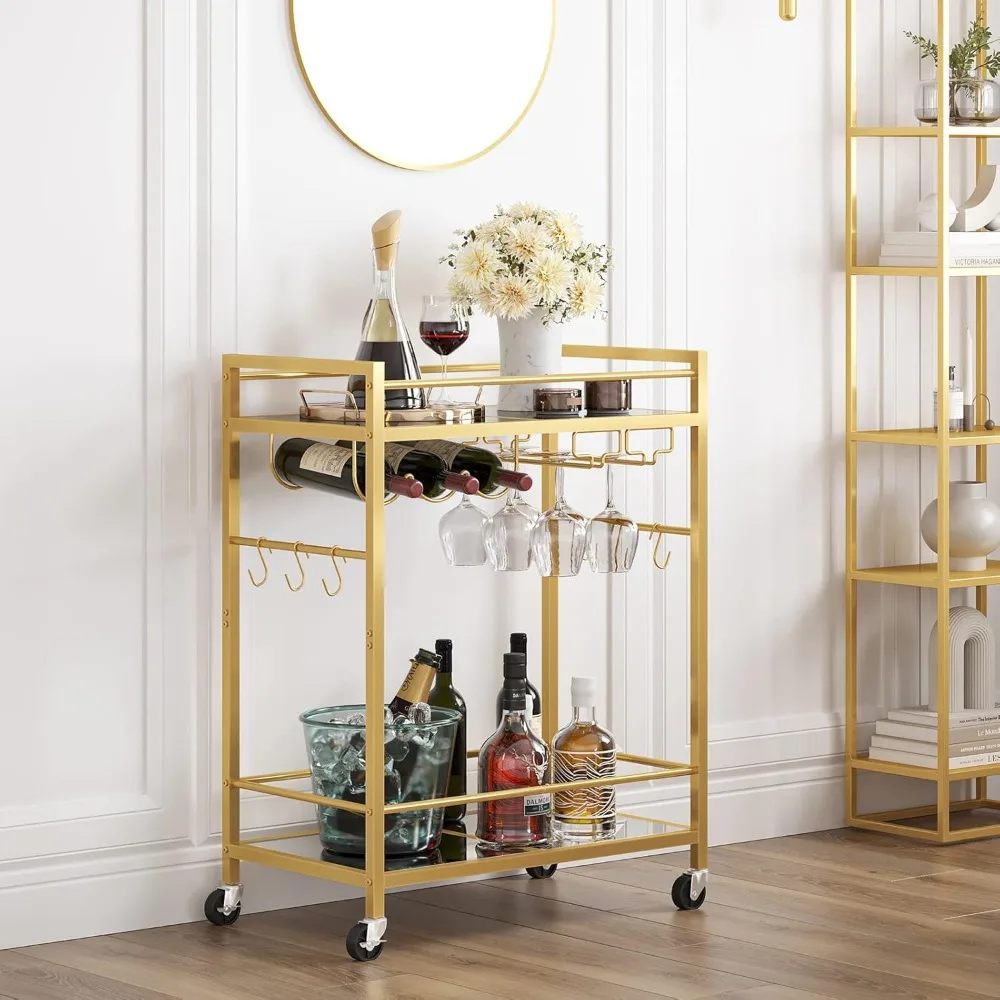 

Bar Cart, Serving Cart for Home, Drink Cart, Mobile Kitchen Shelf with Wine Rack and Glass Holder, Rolling Beverage Cart