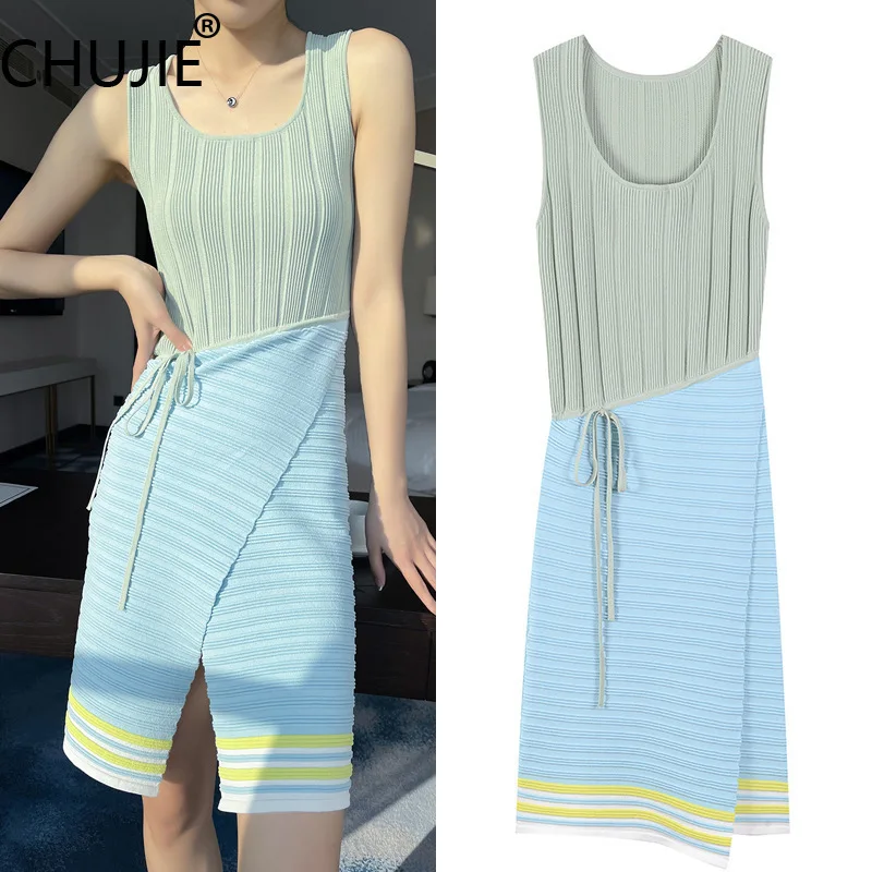 

CHUJIE Women's Dress French Style Fashion Stripe Splicing Dress Irregular Color Splicing Sleeveless Skirt 2025 Spring/Summer New