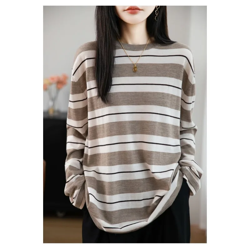 Suéter retrô listrado de contraste de manga comprida para mulheres gola redonda suéter fino solto novo top francês casual