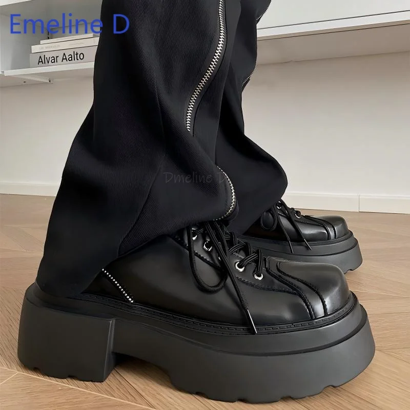 Men Platform Chunky Shoes Lace Up Block Heel Footwear Black Round Toe Thick Sole Fashion Daily Street Style Casual Shoes