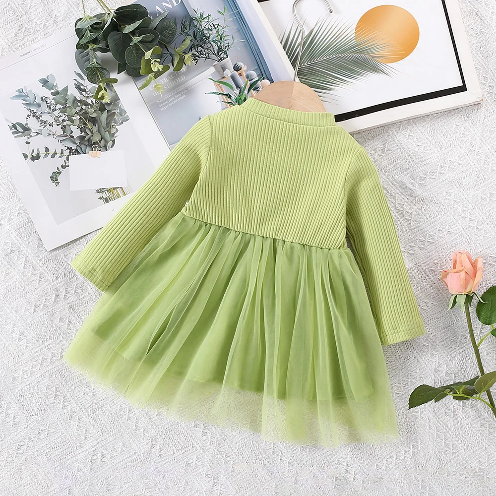 Spring and Autumn Baby Girl Dress Solid Color Long Sleeve Top Spliced Mesh Waist Embroidered Flower Princess Dress