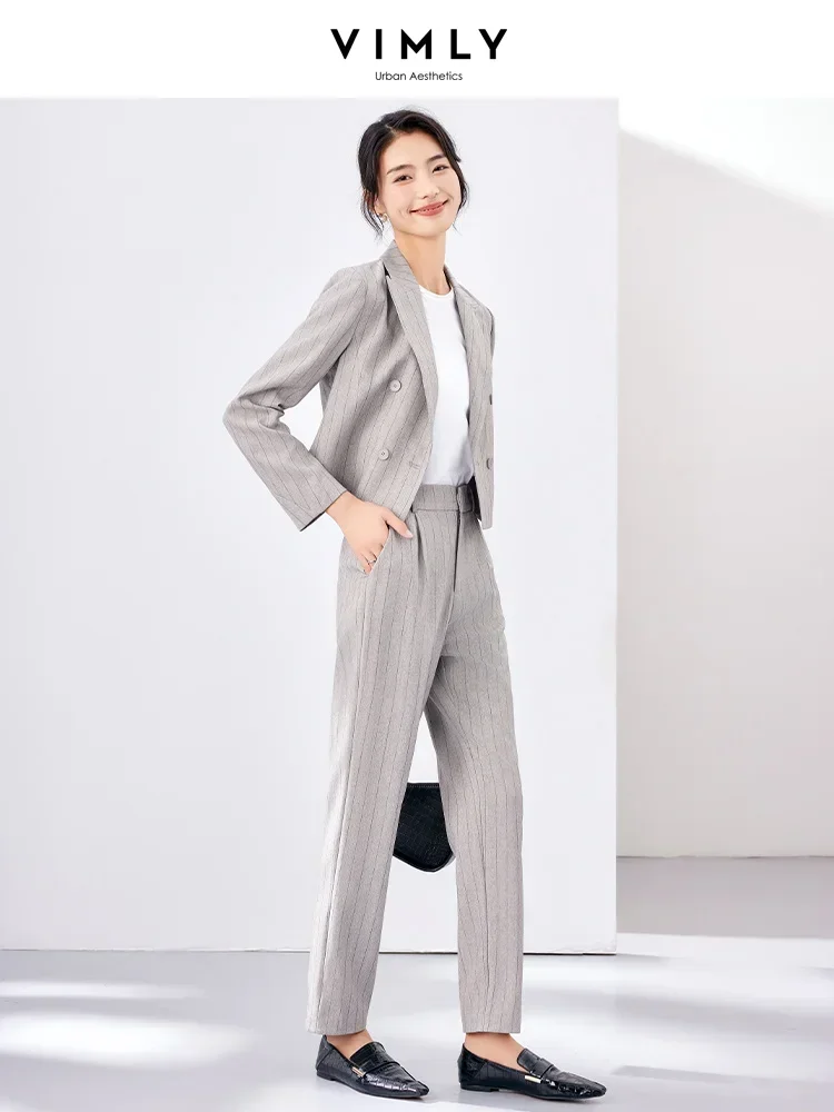 Vimly Spring Striped Outfits Women Crop Blazer Jacket Ankle Length Pant Suit Two Piece Sets 2024 Elegant Fashion Office Wear