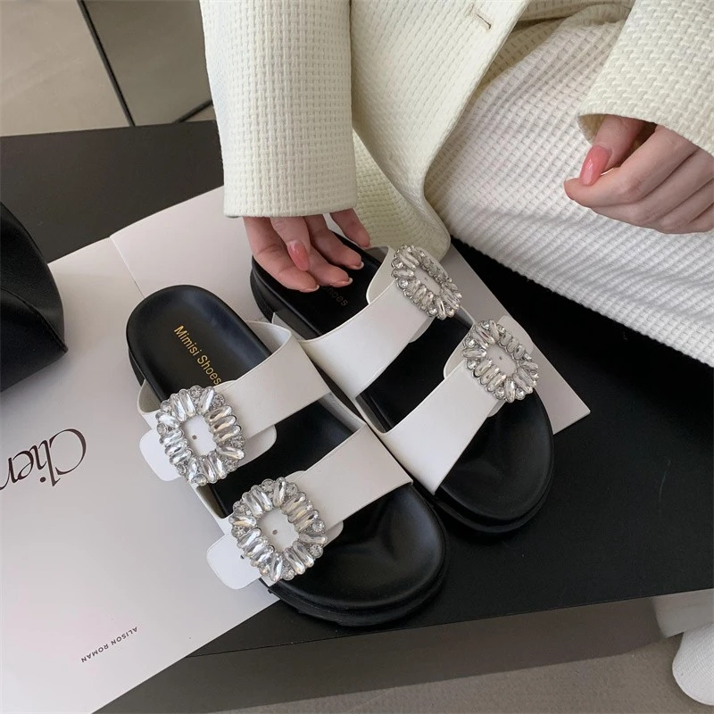 Platform Sandals 2023 Brand Rhinestone Shoes Ladies High Heels Double Buckle Band Slippers Woman Muffins Crystal FlipFlops Mujer