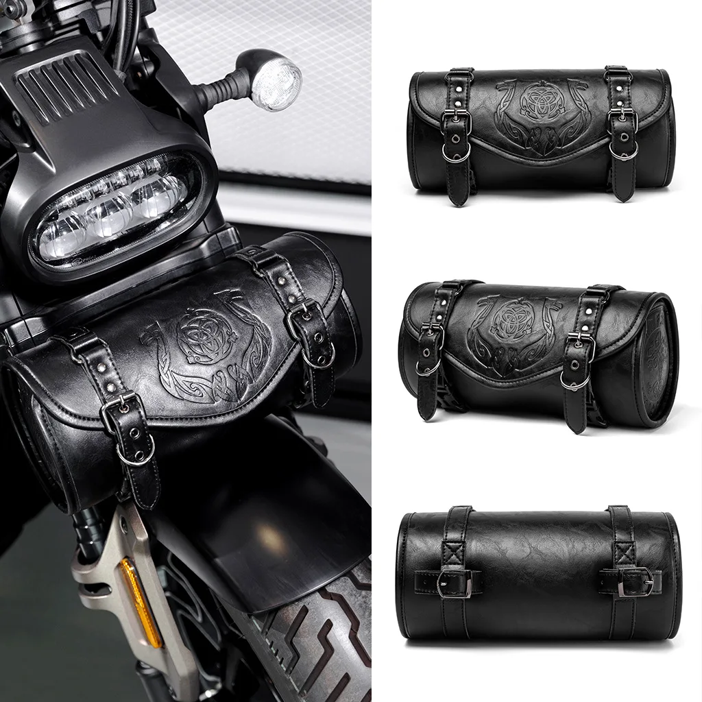 Gothic Punk Style Retro Steampunk Embossed Motorcycle Front Package Electric Vehicle Modification Hanging Bag Black Pu Leather