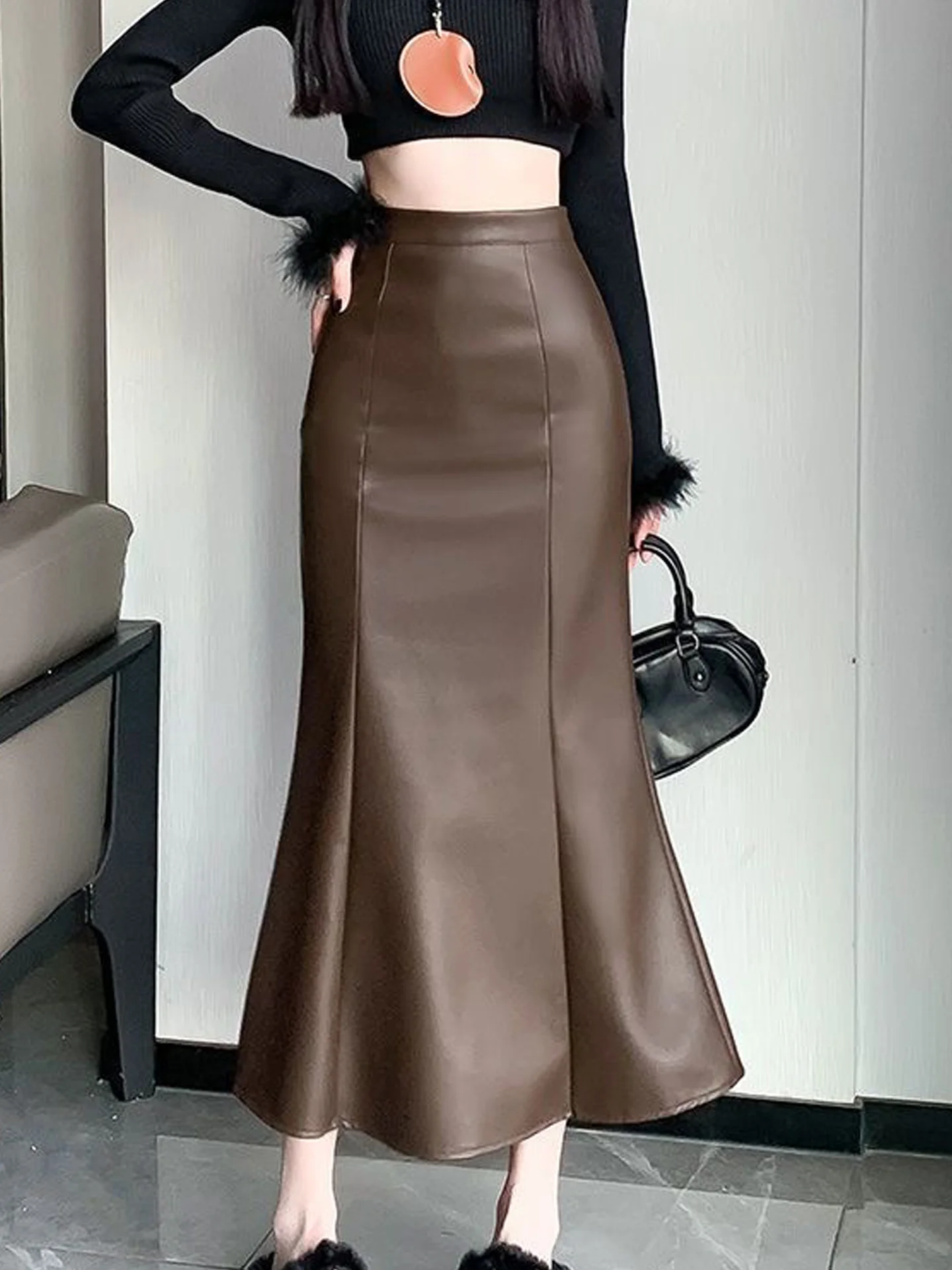 

Юбка из искусственной кожи с высокой талией, женская, весна 2026, новая, однотонная, облегающая, фасон «рыбий хвост», повседневная одежда