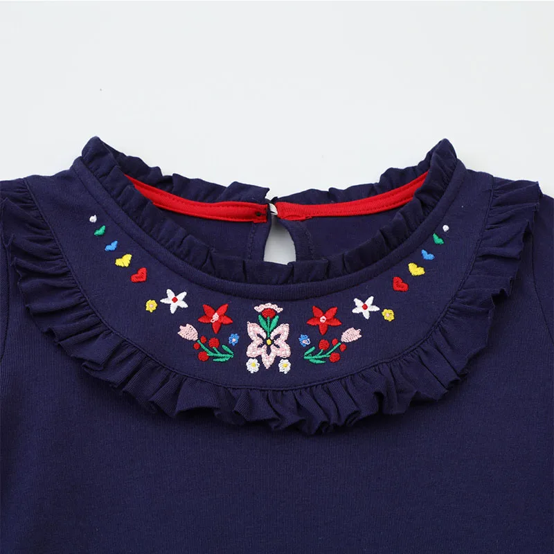 Little maven Baby Girls Long Sleeves Dress Flowers Appliques Cotton Children Casual Clothes Navy Blue Solid Spring Kids Dresses