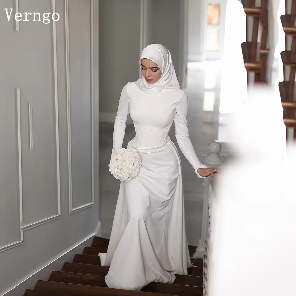 

Verngo Modest Crepe Wedding Dress High Neck Full Sleeves Mermaid Bride Dress Mulism Sweep Train Bridal Gowns Customized