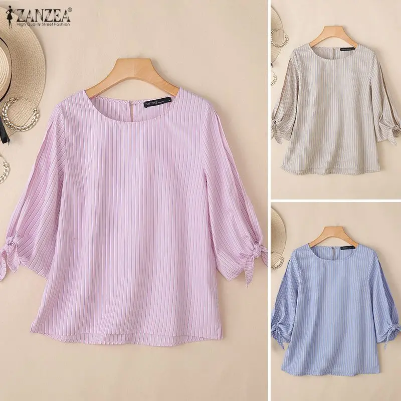 

ZANZEA 2026 Летняя полосатая блузка для женщин, повседневный топ с круглым вырезом и рукавом 3/4, элегантная рабочая рубашка, женская сорочка оверсайз