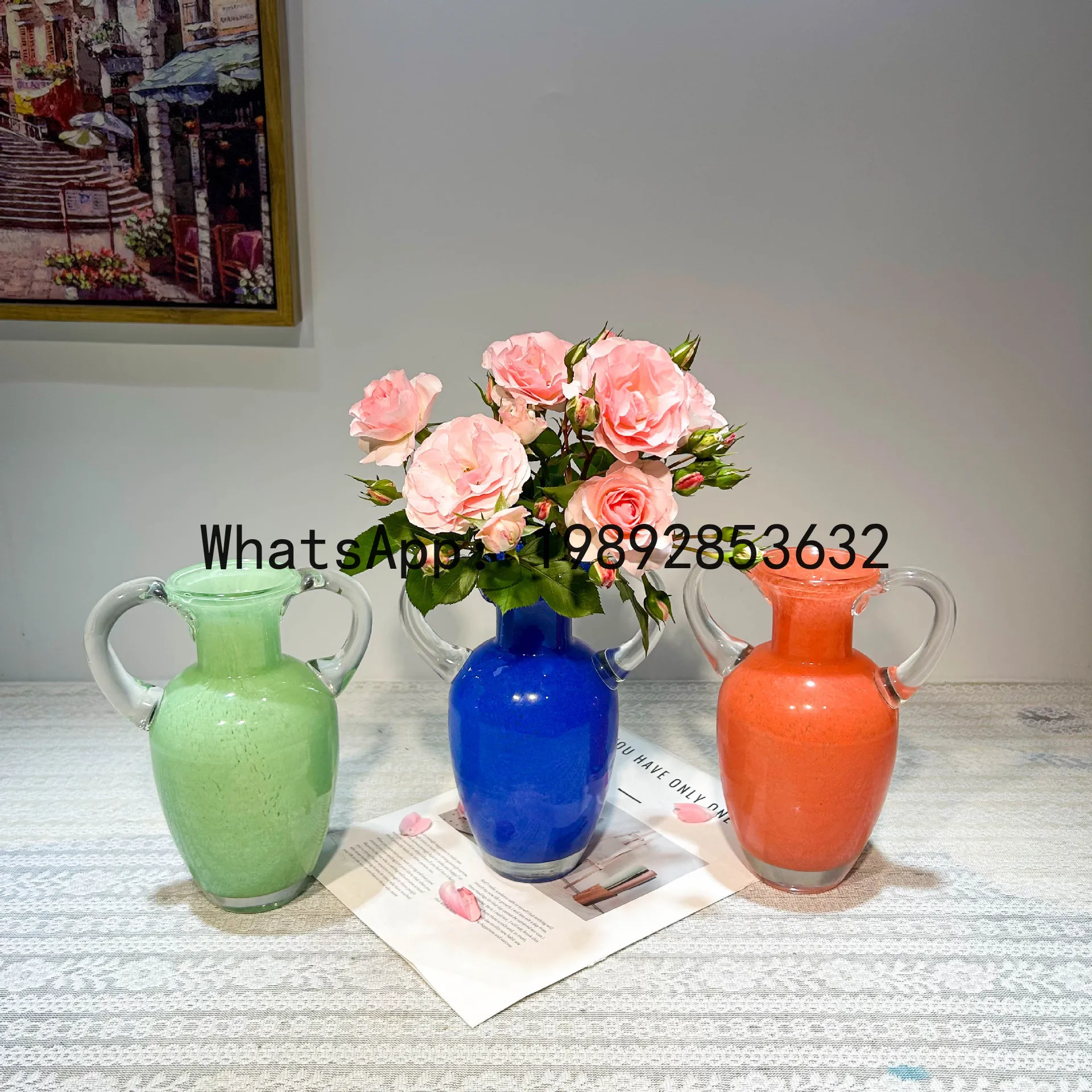 

Colored Glass Vase Retro Handle Teapot Flower Vase Flower Arrangement Accessories Flowerpot Terrarium Home Decoration