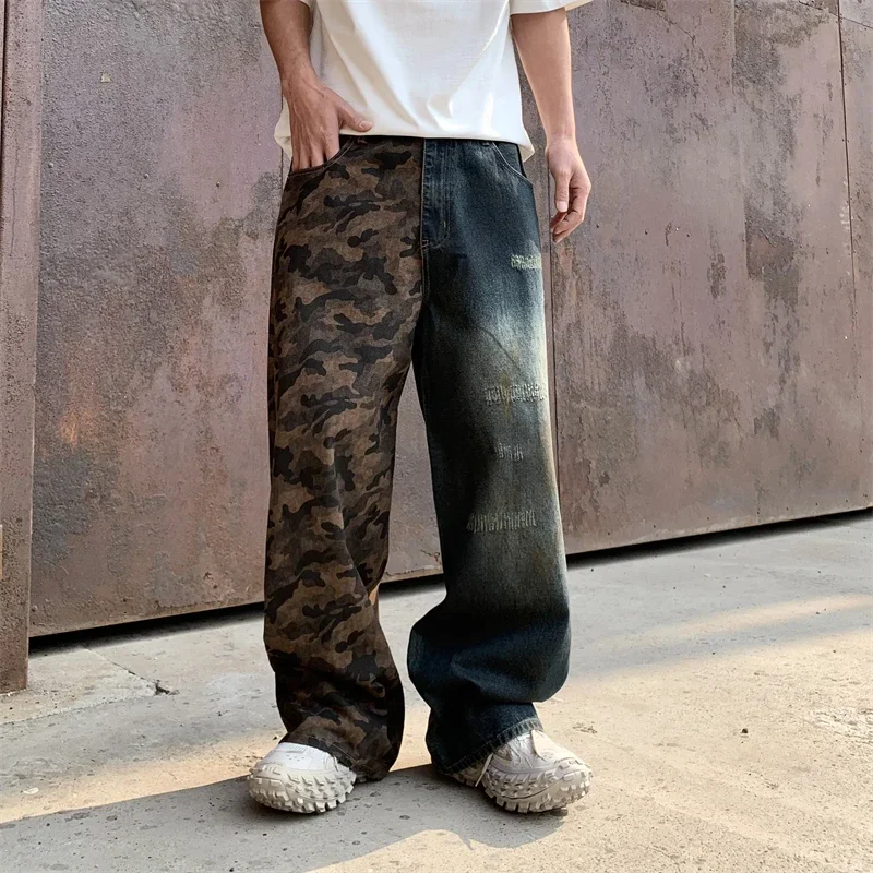 Vintage Fashion Oversized Baggy Camouflage Denim Splicing Jeans Mens Loose Streetwear Wide-leg Trousers Washed Brand Denim Pants