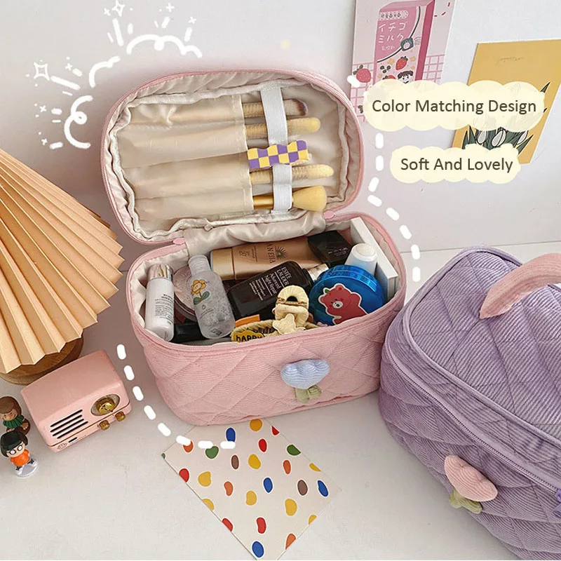 Poudres de fleurs de tulipe pour femmes, sac cosmétique de voyage Ins, trousses de toilette à fermeture éclair en velours côtelé, boîte de rangement portable, trousse de maquillage, grande capacité