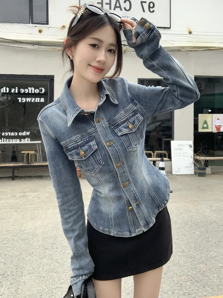 ADAgirl Blue Denim Shirt Jacket for Women Vintage Jeans Cropped Top Spring Autumn Long Sleeve Cardigan Button Up Slim Clothes